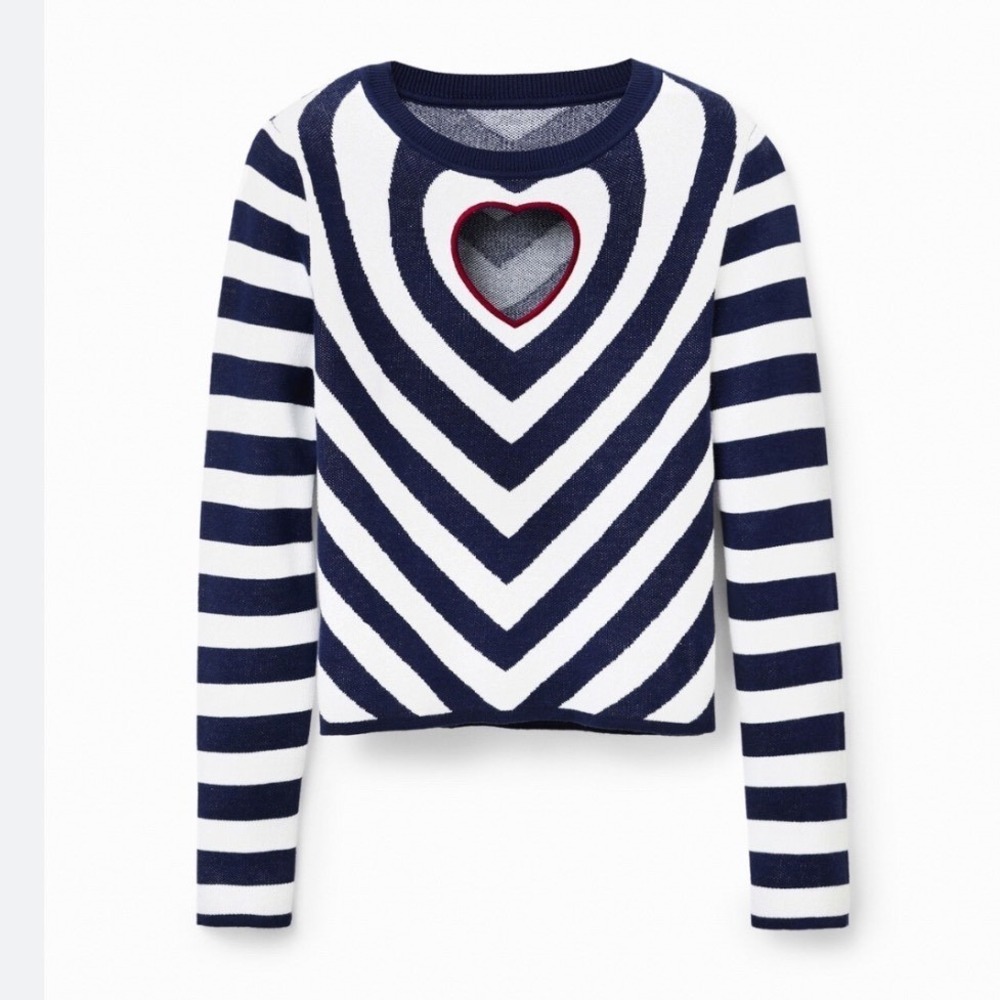 Desigual Navy Blue White Striped Heart Cutout Long Sleeve Sweater Large - Picture 2 of 10